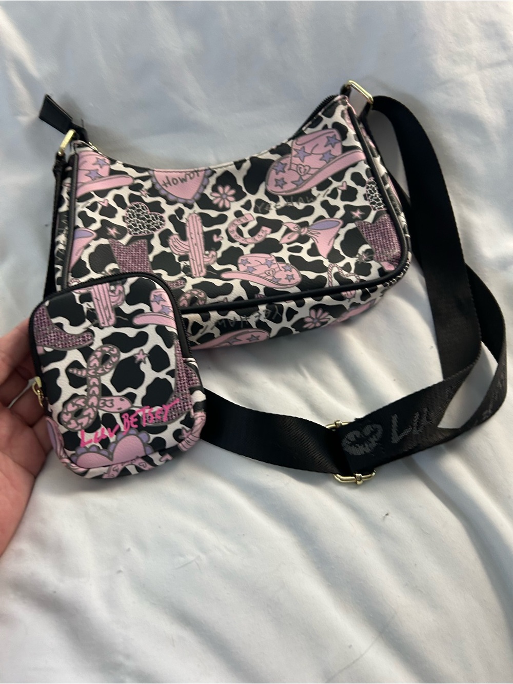 Betsey Johnson Pink & Black Patterned Crossbody Bag with Gold Charm
